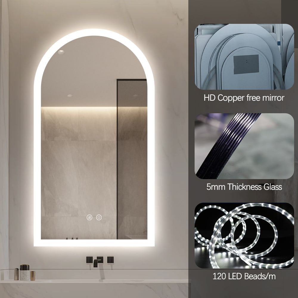 Arched LED Bathroom Mirror 90cm x 50cm Frameless Frosted Dimmable Anti Fog Defogger