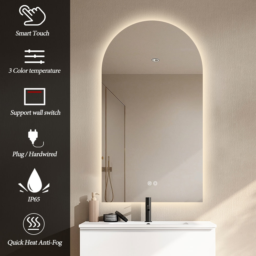 Arched LED Mirror 90cm x 50cm Frameless Backlit Dimmable Anti Fog Bathroom Vanity