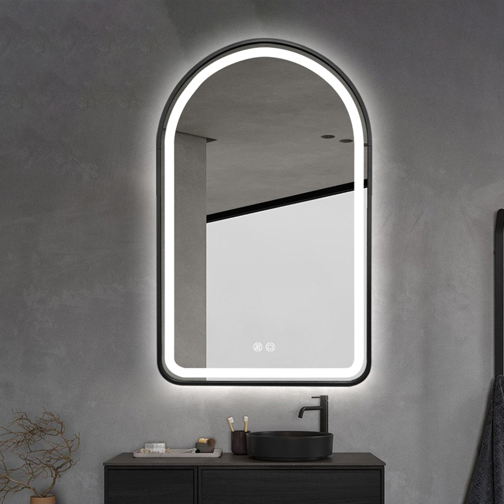 Arched LED Black Frame Wall Mirror 100cm x 75cm Frosted Dimmable Vanity Defogger