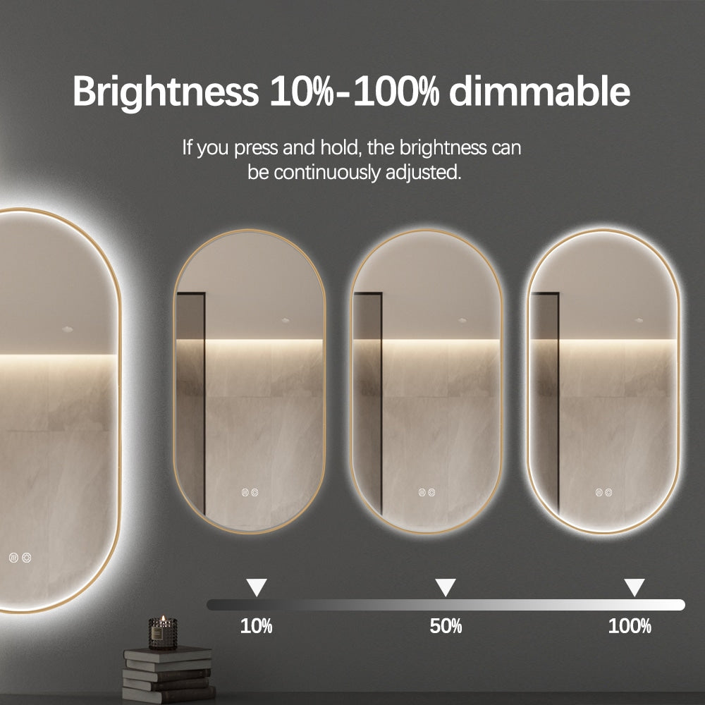 Oval LED Bathroom Mirror 50cm x 100cm Frontlit Gold Frame  Defogger Dimmable
