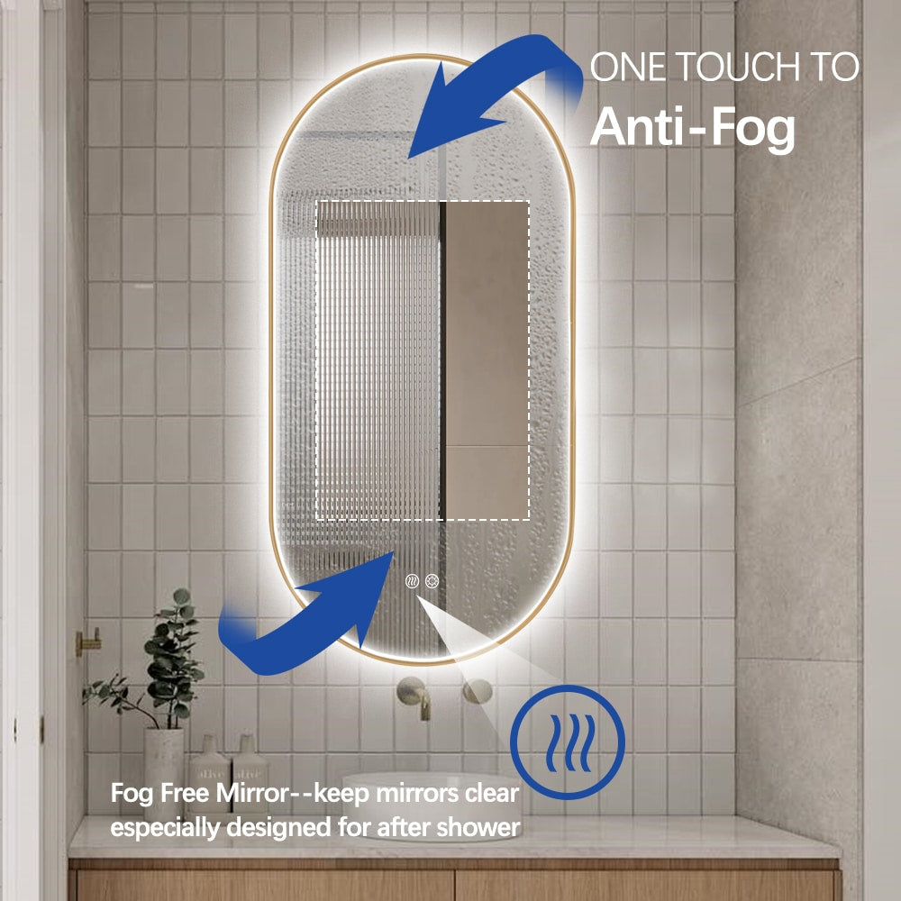 Oval LED Bathroom Mirror 50cm x 100cm Frontlit Gold Frame  Defogger Dimmable