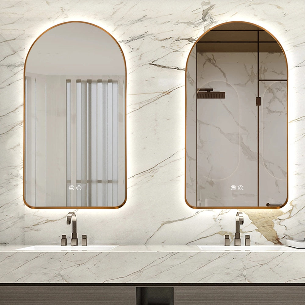 Arched LED Wall Mirror 100cm x 75cm Gold Bevel Frame Backlit Dimmable Defogger