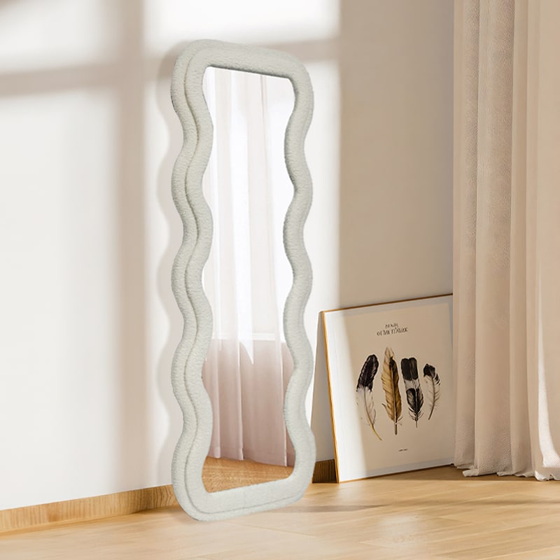 Modern Wavy Teddy Velvet Full Length Mirror 160cm x 60cm White Decorative Wall Mirror