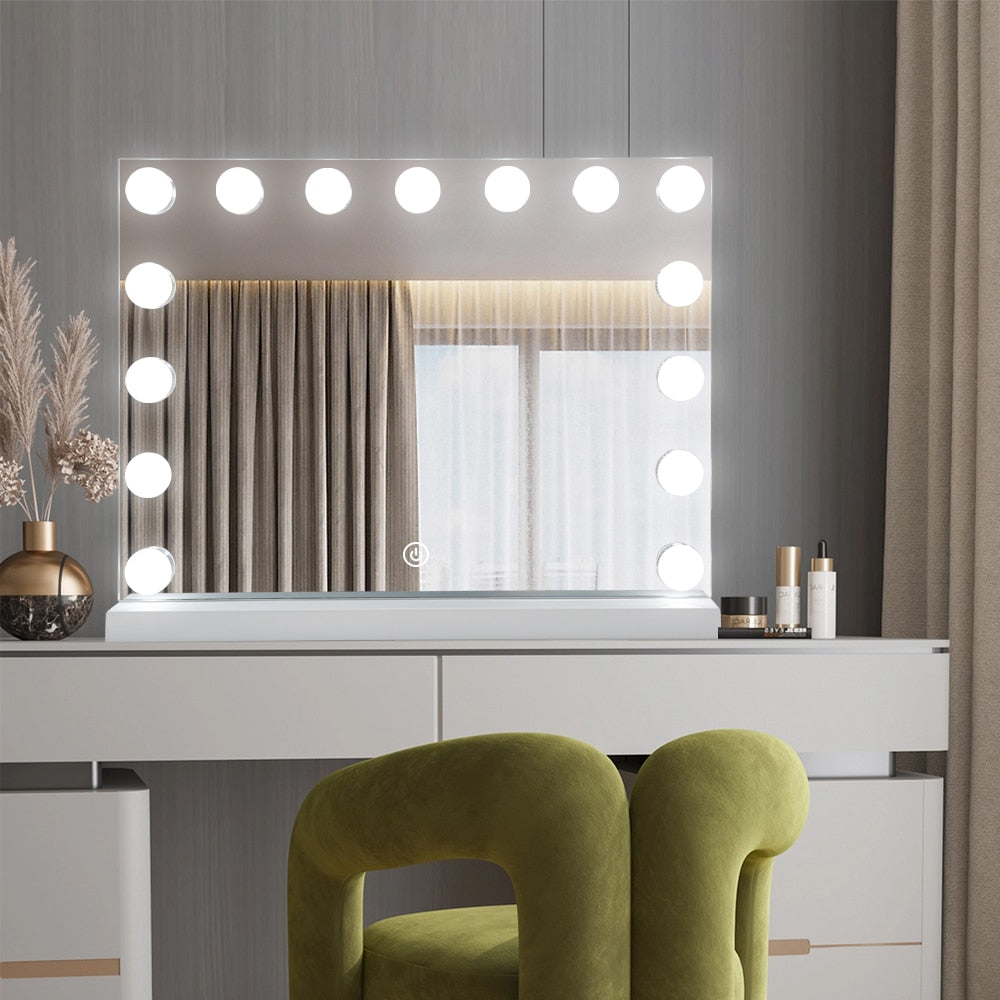 Rectangular Hollywood LED Makeup Mirror 46cm x 58cm Frontlit Touch Sensor Vanity Tabletop Beauty Mirror
