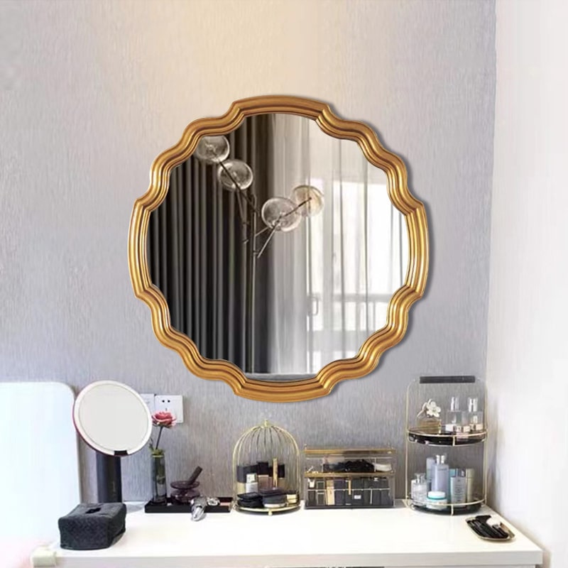 Wavy Sunburst Vintage Mirror 80cm Gold Round Wall Mount PU Frame