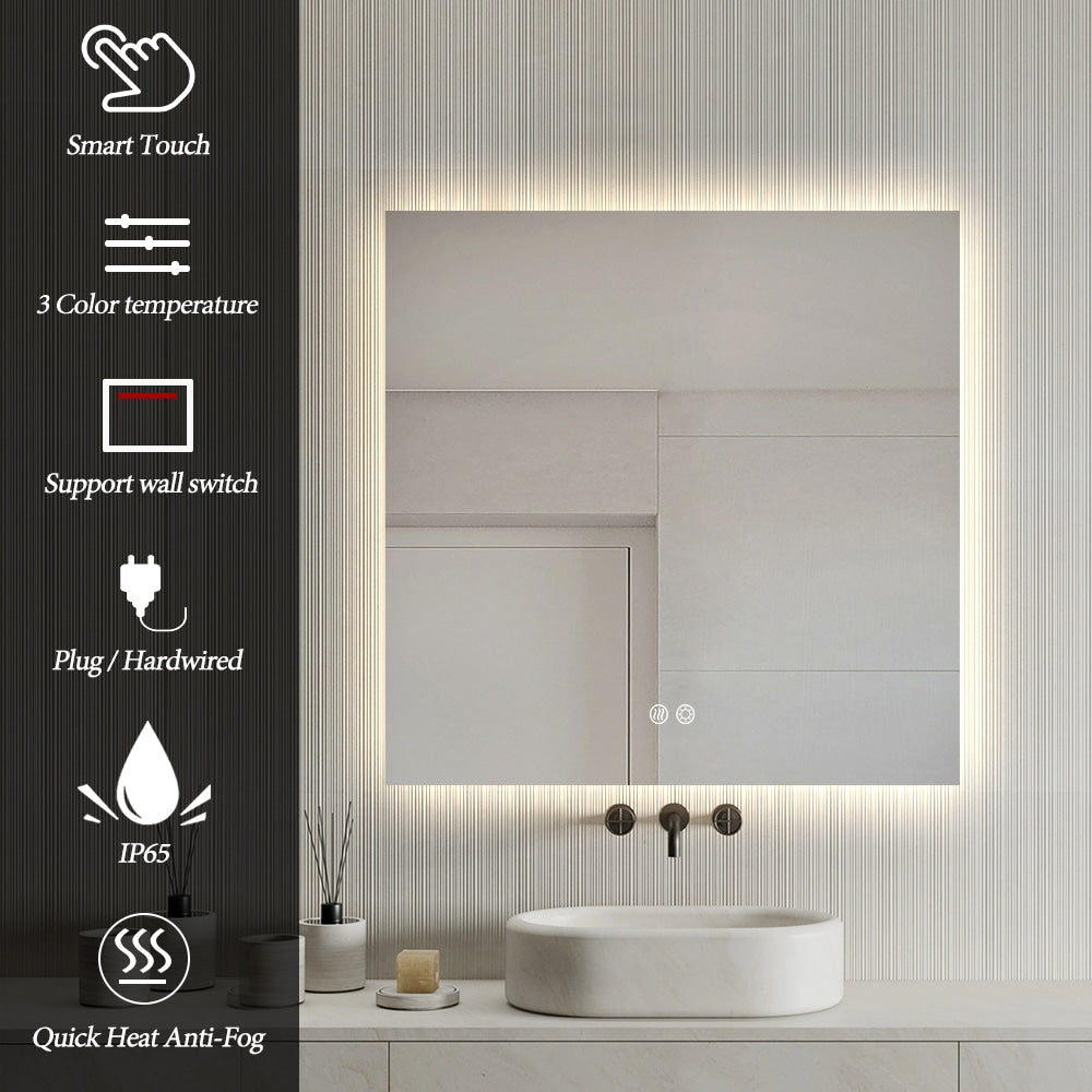 Square LED Bathroom Mirror 80cm x 80cm Frameless Backlit Straight Corner Dimmable