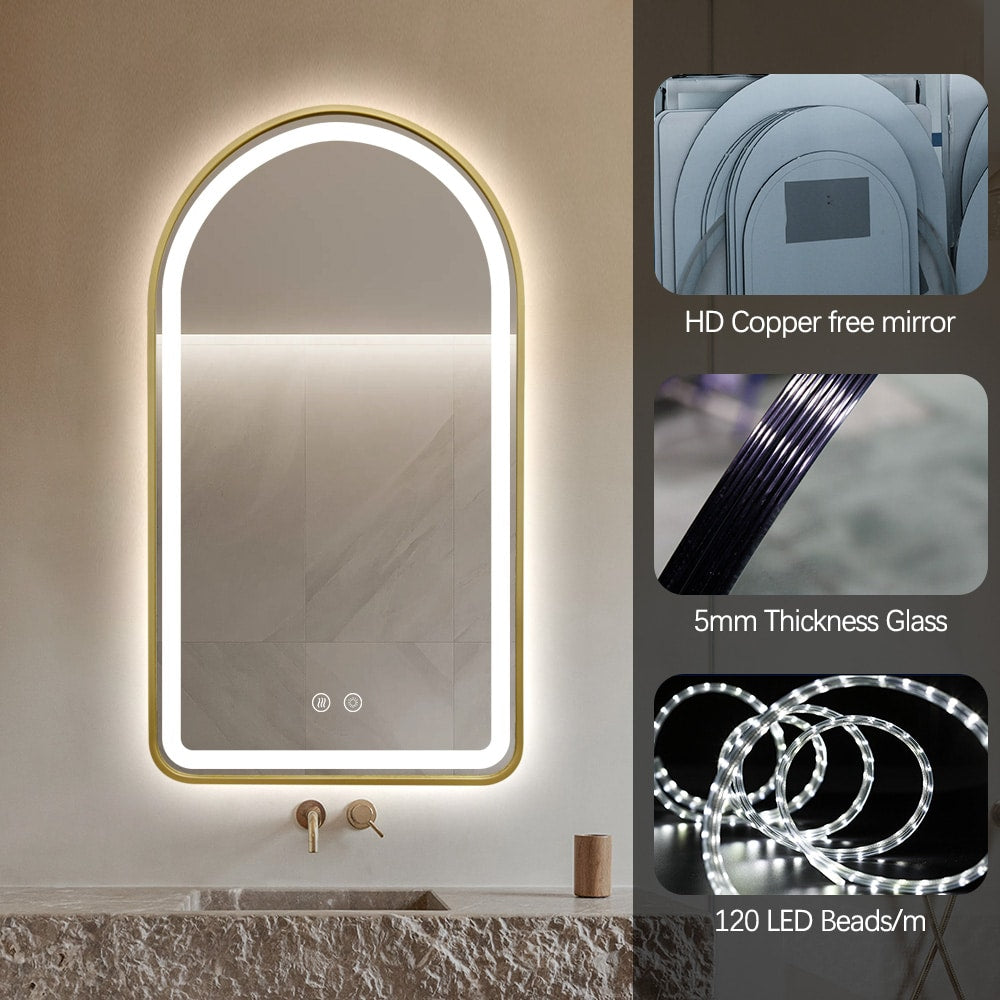 Arched LED Gold Frame Wall Mirror 100cm x 75cm Frosted Defogger Dimmable Vanity