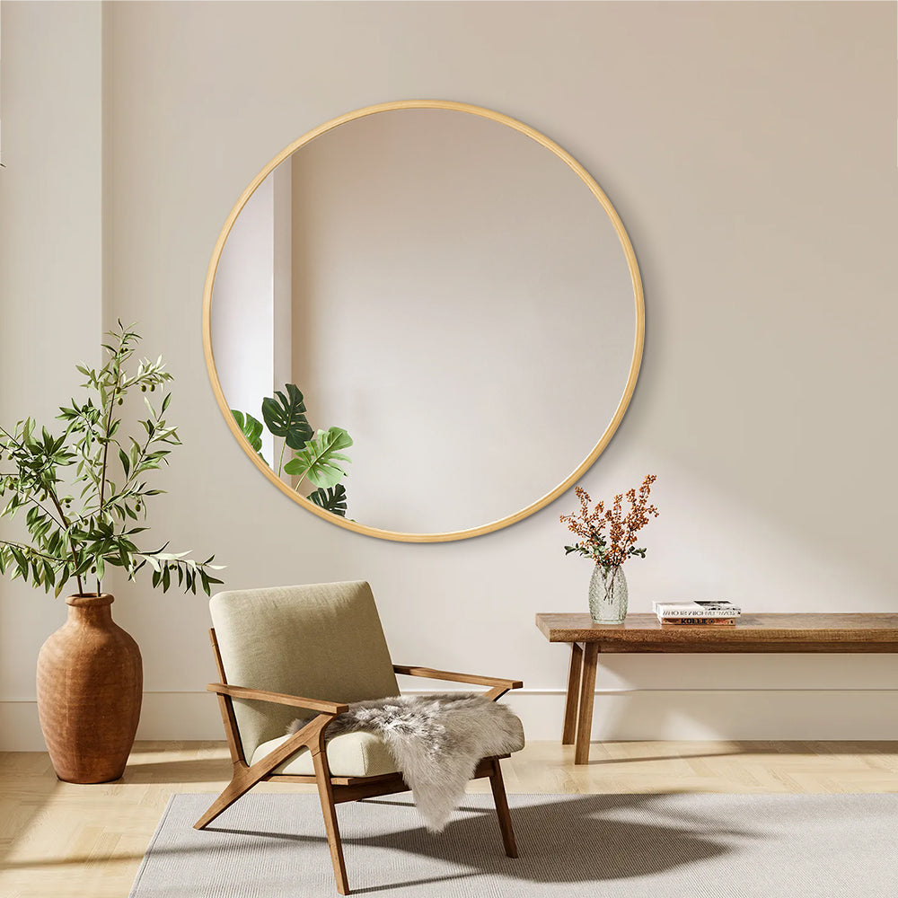 Round Solid Wood Wall Mirror 100cm Log Colour Frame Decorative  Living Room Accent
