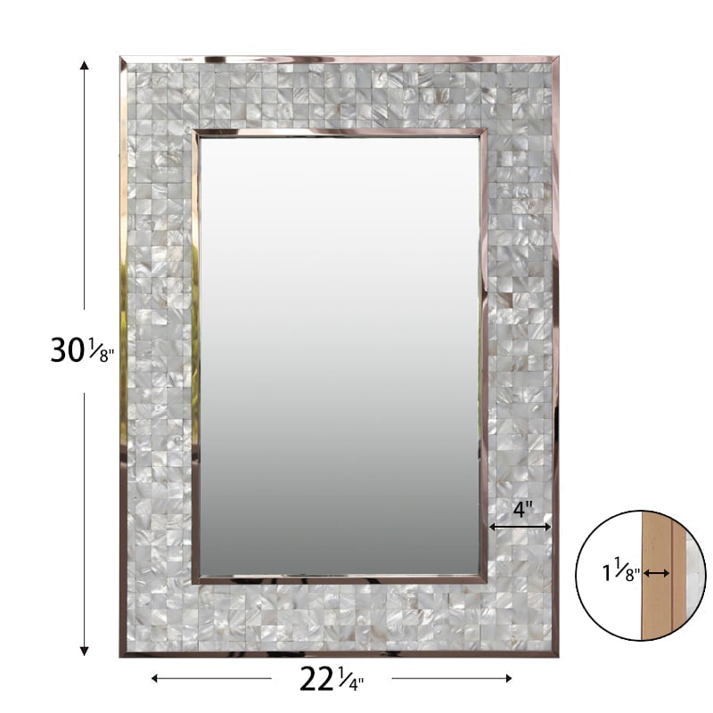 Luxury Silver Rectangular Wall Mirror with Shell Inlay 77cm x 57cm Brushed Stainless Steel Frame