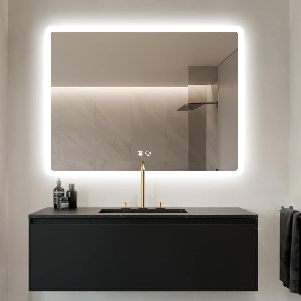 Rectangular LED Mirror 100cm  x 75cm Frameless Frosted Wall Mounted Bathroom Defogger Dimmable Touch Sensor