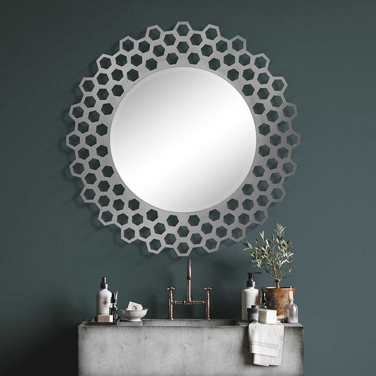 Round Decor Mirror 91cm Metal Frame Brushed Silver
