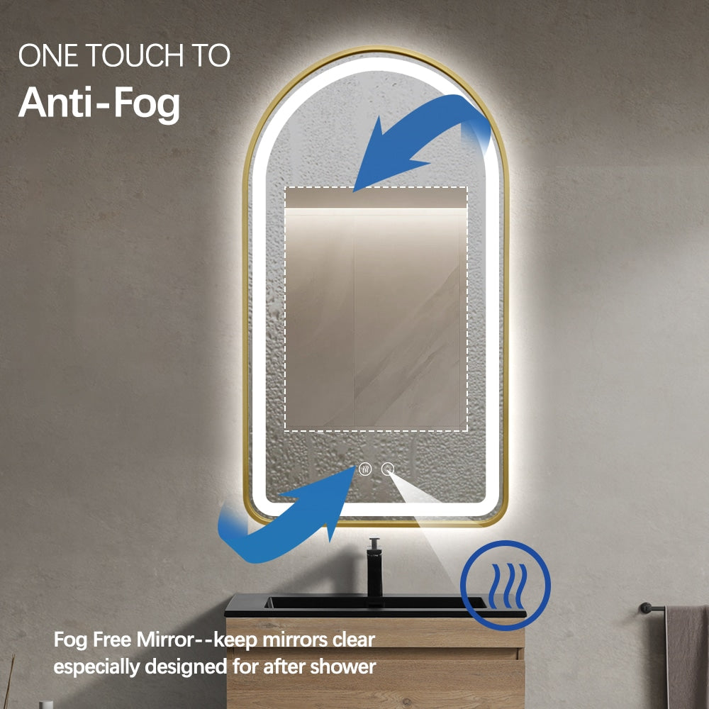 Arched LED Gold Frame Wall Mirror 100cm x 75cm Frosted Defogger Dimmable Vanity