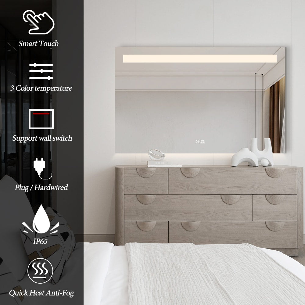 Rectangular LED Bathroom Mirror 60cm x 80cm Frameless Frosted Frontlit Top Strip