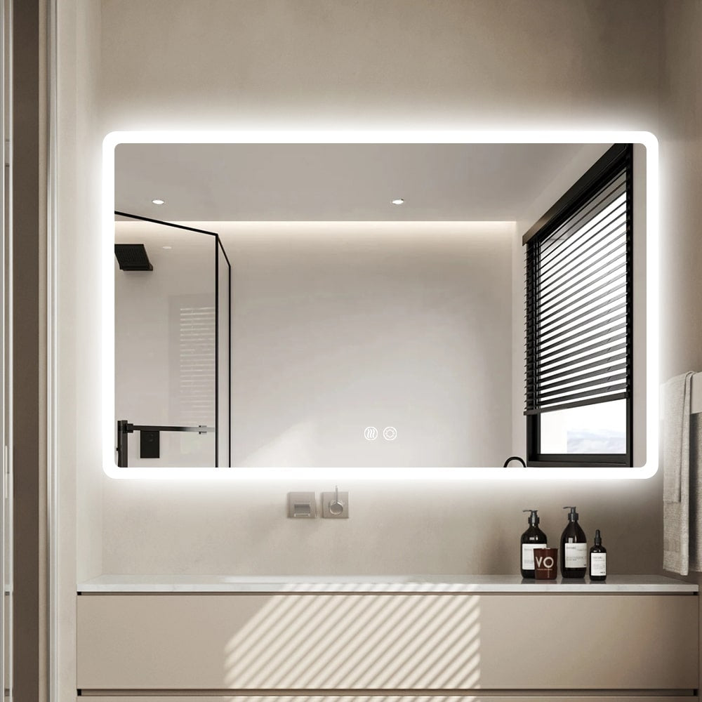 Rectangular LED Mirror 100cm  x 75cm Frameless Frosted Wall Mounted Bathroom Defogger Dimmable Touch Sensor