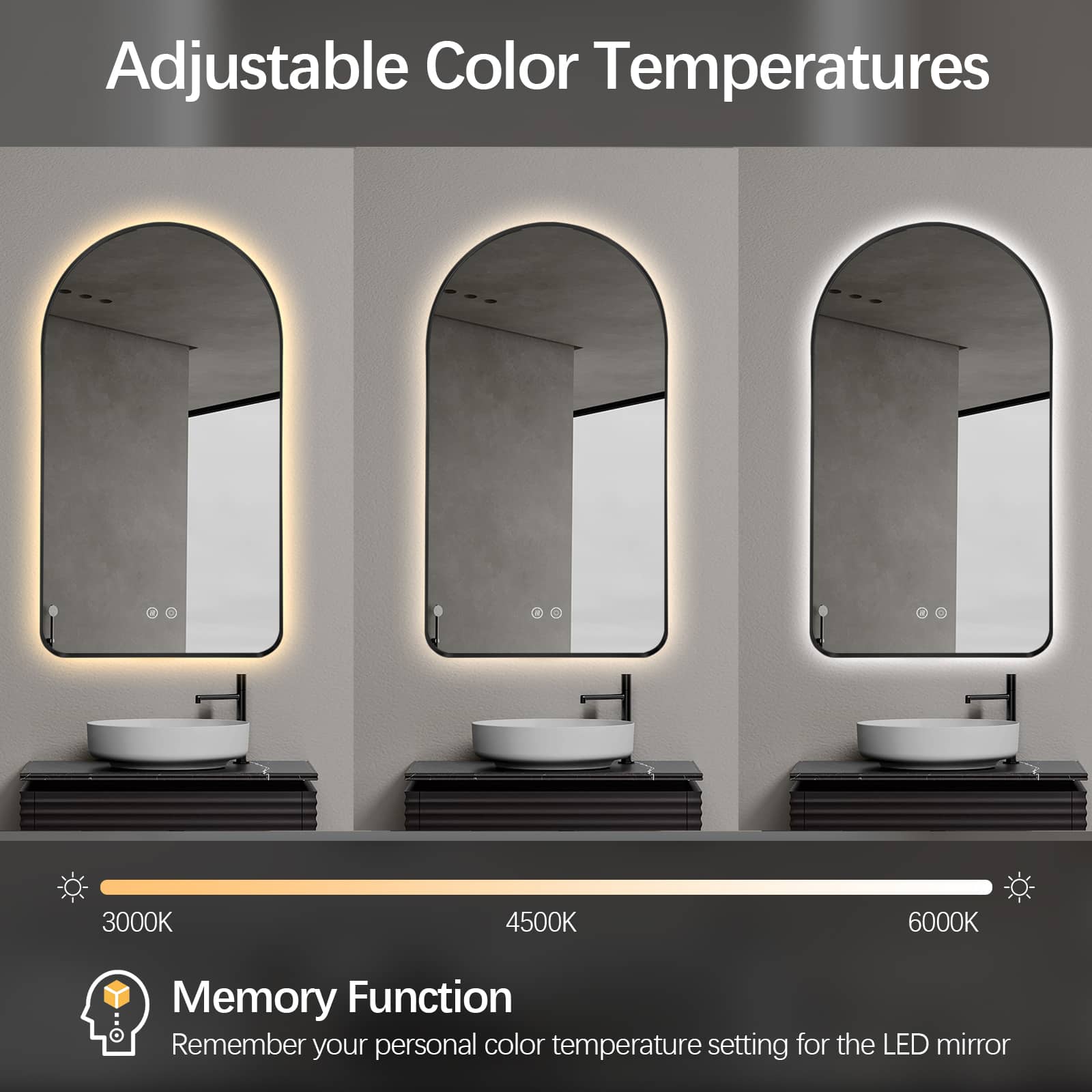 Arched LED Wall Mirror 90cm x 50cm Black Bevel Frame Backlit Dimmable Defogger