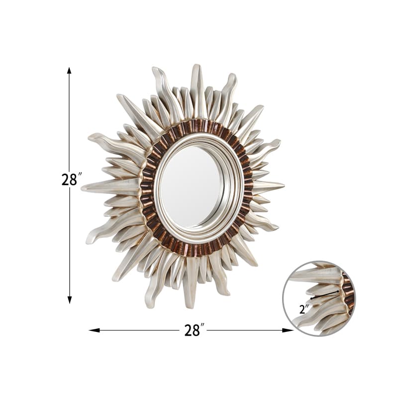 Round Vintage Sunburst Mirror 71cm Silver Wall Mount PU Frame