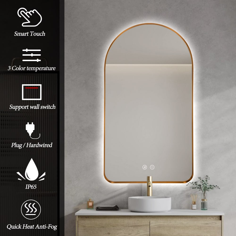 Arched LED Wall Mirror 130cm x 70cm Gold Bevel Frame Backlit Dimmable Defogger - FLM112