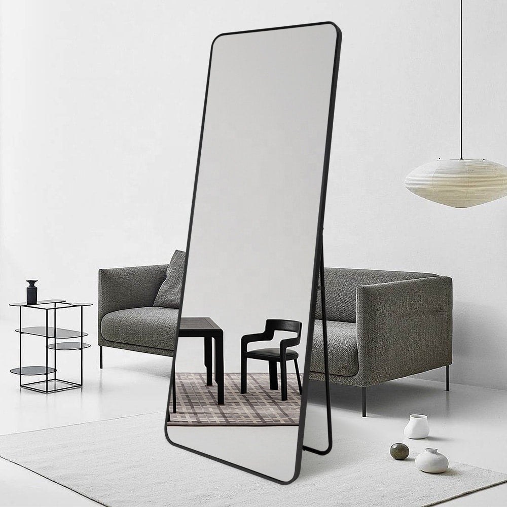 Modern Rounded Full Length Mirror 100x200cm Black Frame Freestanding R ...