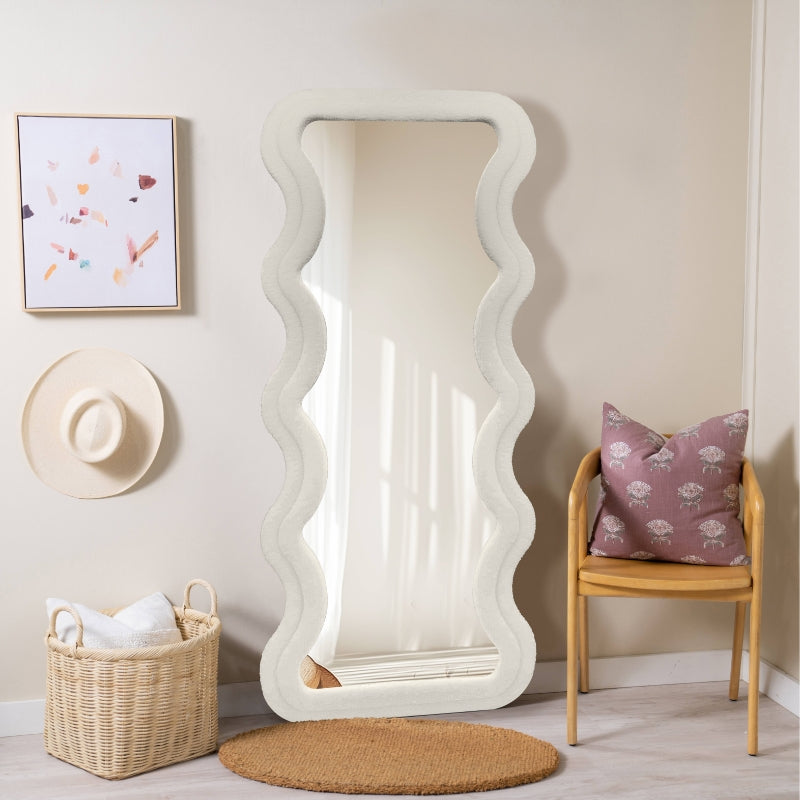 Modern Wavy Teddy Velvet Full Length Mirror 160cm x 60cm White Decorative Wall Mirror