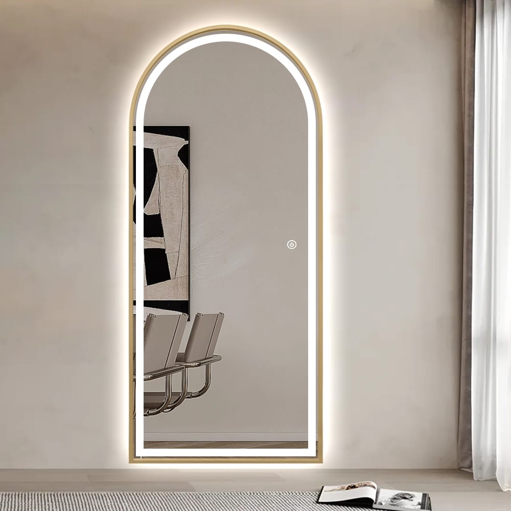 Full Length Arched LED Mirror 180cm x 80cm Freestanding Wall Mounted Gold Frame Dimmable