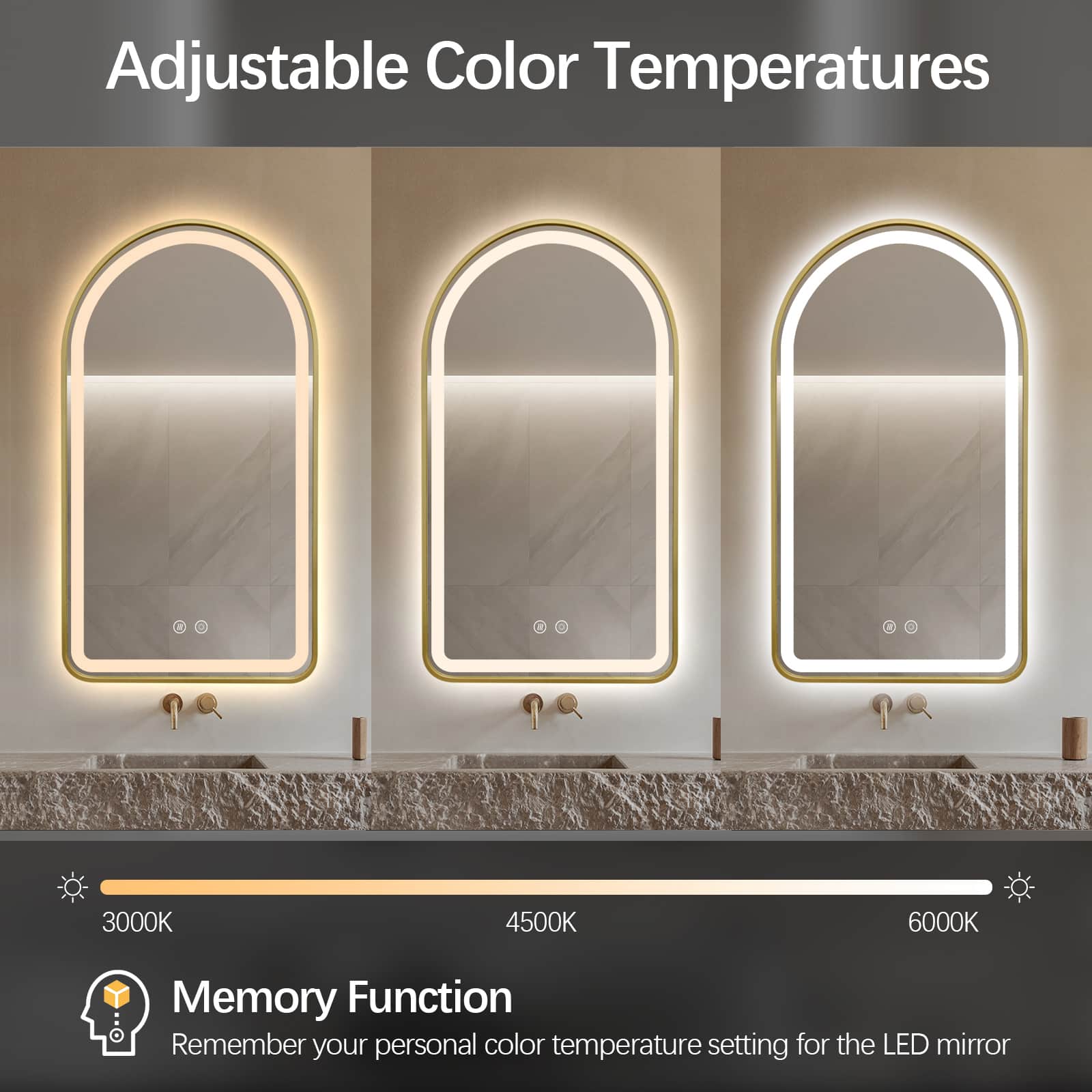 Arched LED Gold Frame Wall Mirror 100cm x 75cm Frosted Defogger Dimmable Vanity