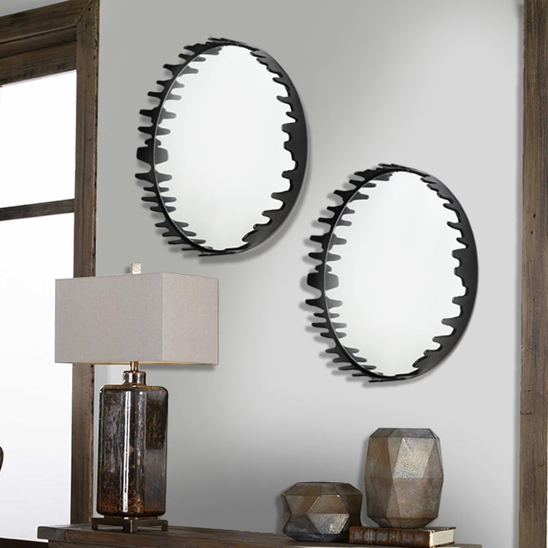 Black Round Wall Mirror 46cm Amaz Ultra Decorative Iron Frame for Modern Interiors