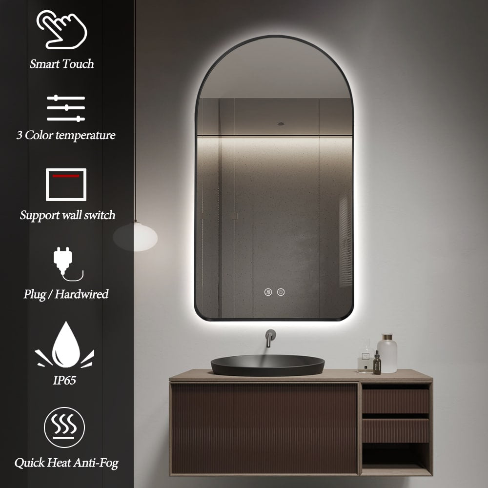 Arched LED Wall Mirror 90cm x 50cm Black Bevel Frame Backlit Dimmable Defogger