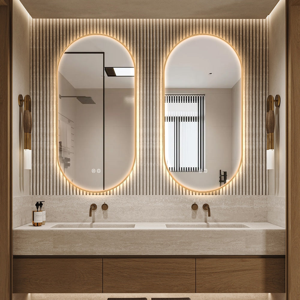Oval LED Bathroom Mirror 50cm x 100cm Frontlit Gold Frame  Defogger Dimmable