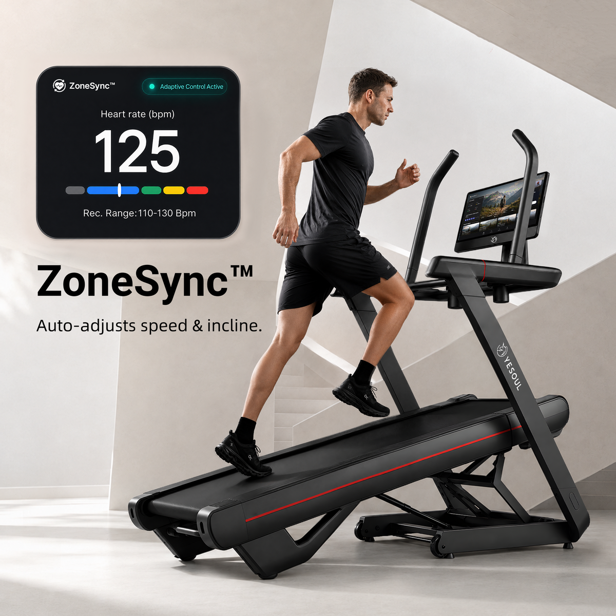 ZoneSync(TM);Auto-adjusts speed & incline.;Heart rate (bpm) 125;Adaptive Control Active;Rec. Range:110-130 Bpm