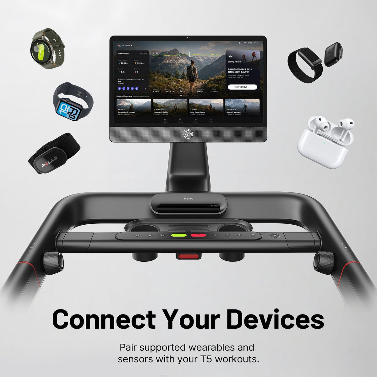 Connect Your Devices;Pair supported wearables and sensors with your T5 workouts.